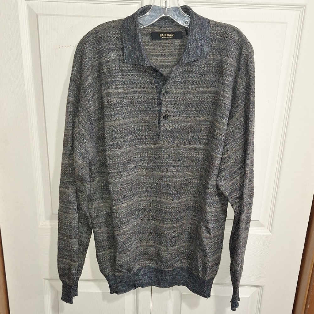 Vintage Bachrach Italy Wool Alpaca Blend Half Button Sweater-L-Black/Tan/Blue